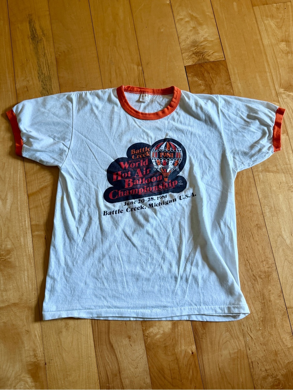 Hanes White Ringer Tee with Orange Trim and Balloon Graphic